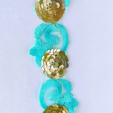 Blue Lace Trim, Tissue Fabric Cutwork With Floral Embroidery & Gold Sequins, Indian Embroidery